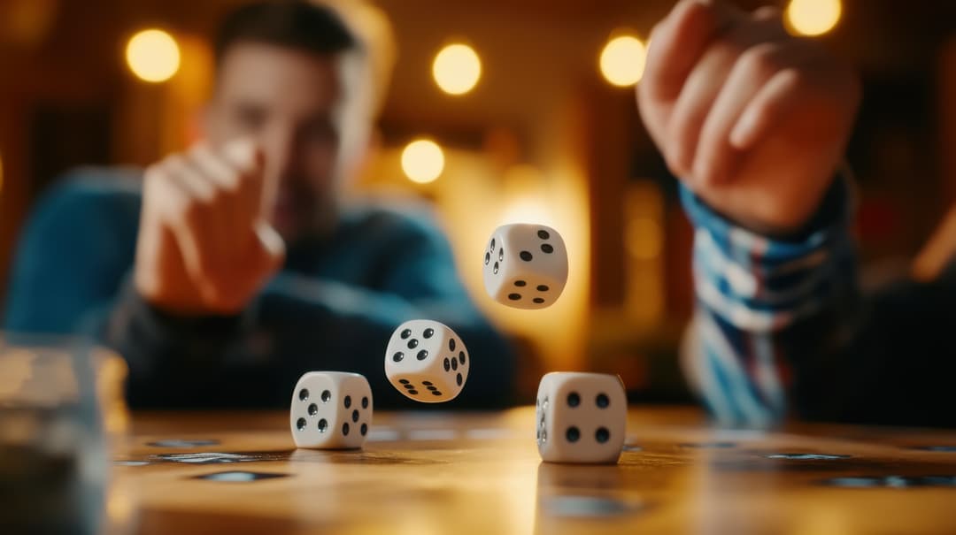 Friends rolling dice at game night